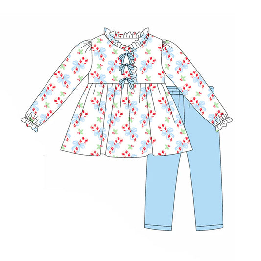preorder(moq 5) Baby Girls Long Sleeves Blue Candy Cane Holly Tunic Legging Pants Set 7.25