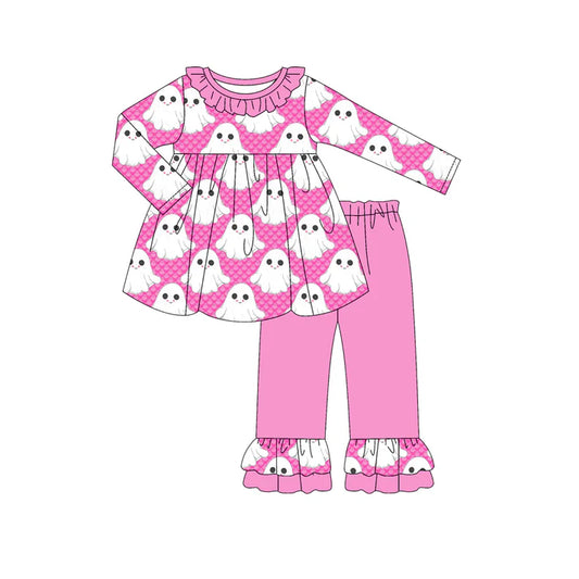 Preorder (moq 5)Baby Girls Long Sleeves Pink Plaid Ghosts Tunic Ruffle Pant Sets 6.13