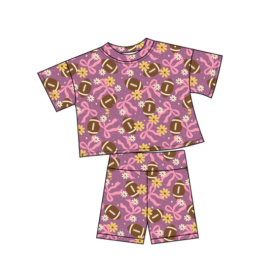 Preorder (moq 5)Baby Girls Pink Bows Footballs Flowers Top Shorts Team Clothes Sets 12.6
