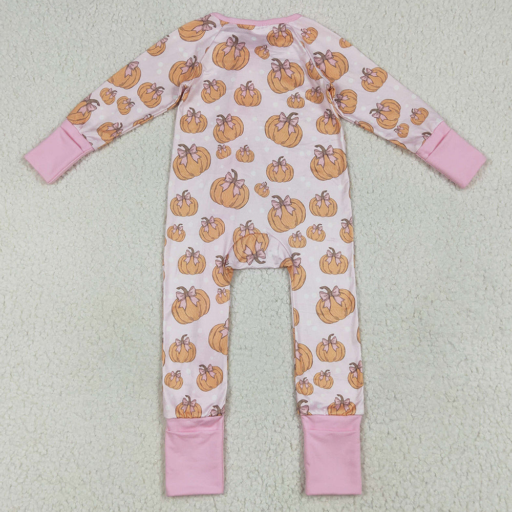Baby Girls Rompers Long Sleeves Pink Bows Pumpkins Footie Zipper Rompers LR2271 7.9