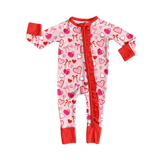 Preorder (moq 5)Baby Girls Red Hearts Bows Valentine Ruffle Zipper Footie Rompers 9.6