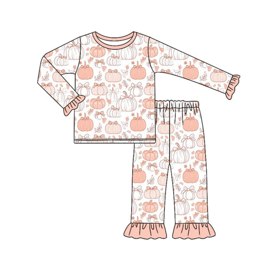 Preorder (moq 5)Baby Girls Long Ruffle Sleeves Pink Bows Pumpkins Top Pant Pajamas Set 6.18