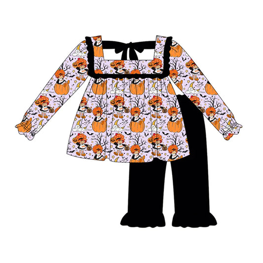 Preorder (moq 5)Baby Girls Lavender Long Sleeves Pumpkin Bats Tunic Black Ruffle Pant Set 6.2