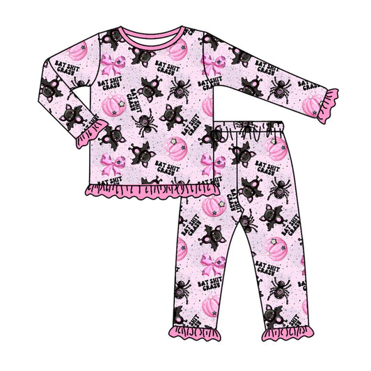 Preorder(moq 5) Baby Girls Long Ruffle Sleeves Bat Pumpkins Plaid Top Pants Pajamas Set 7.24