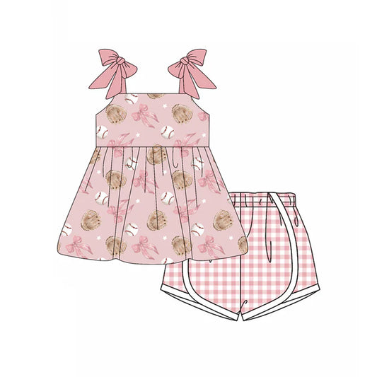 Preorder moq 5 Baby Girls Pink Strap Bows Baseballs Tunic Plaid Short Set 4.15