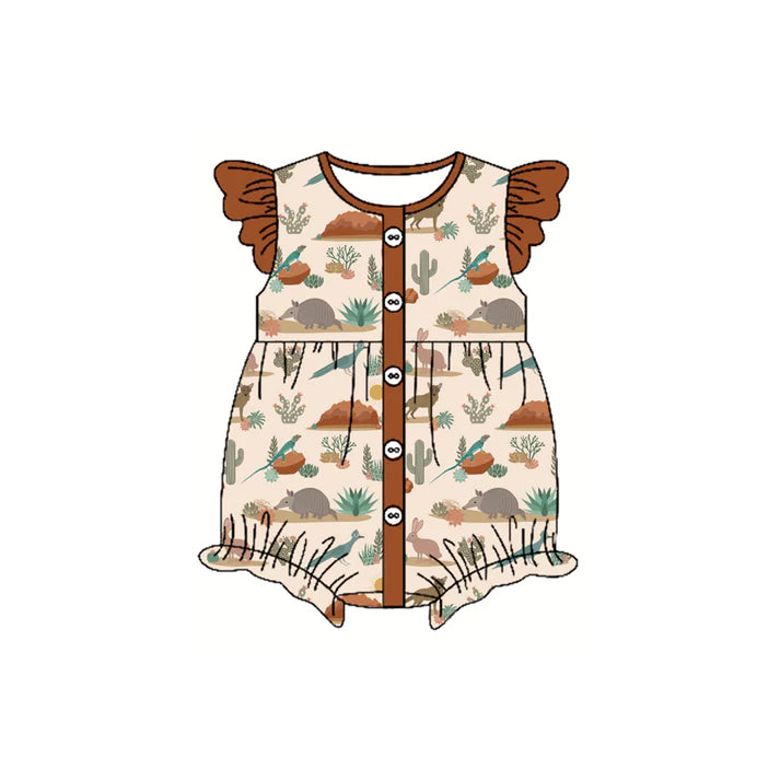Preorder moq 5 Baby Girls Brown Flutter Sleeves Button Cactus Western Ruffle Rompers 4.17