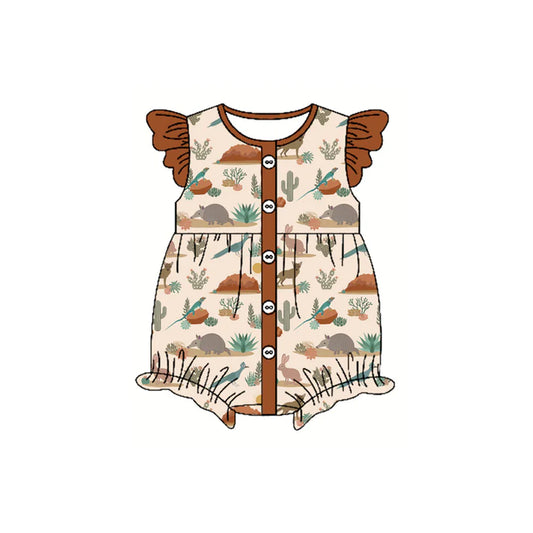 Preorder moq 5 Baby Girls Brown Flutter Sleeves Button Cactus Western Ruffle Rompers 4.17