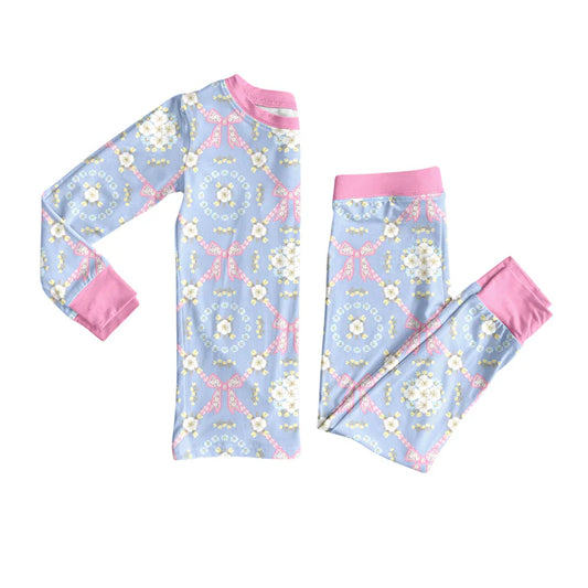 Preorder (moq 5)Baby Girls Light Blue Flower Bows Top Pants Pajamas Set 8.1
