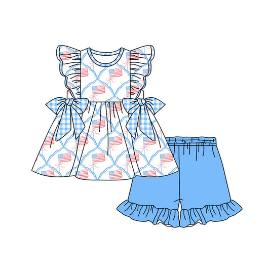 Preorder moq 5 Baby Girls Flutter Sleeves Flags Bows Tunic Blue Ruffle Short 4th Of July Set 4.23