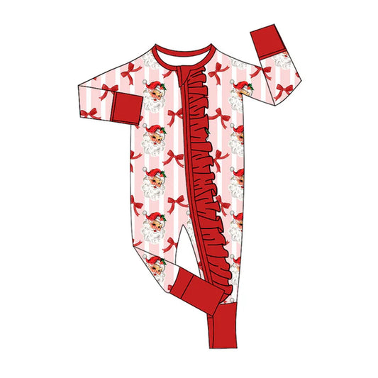 Preorder (moq 8)Baby Girls Bows Santa Stripe Christmas Ruffle Zipper Footie Rompers 9.25