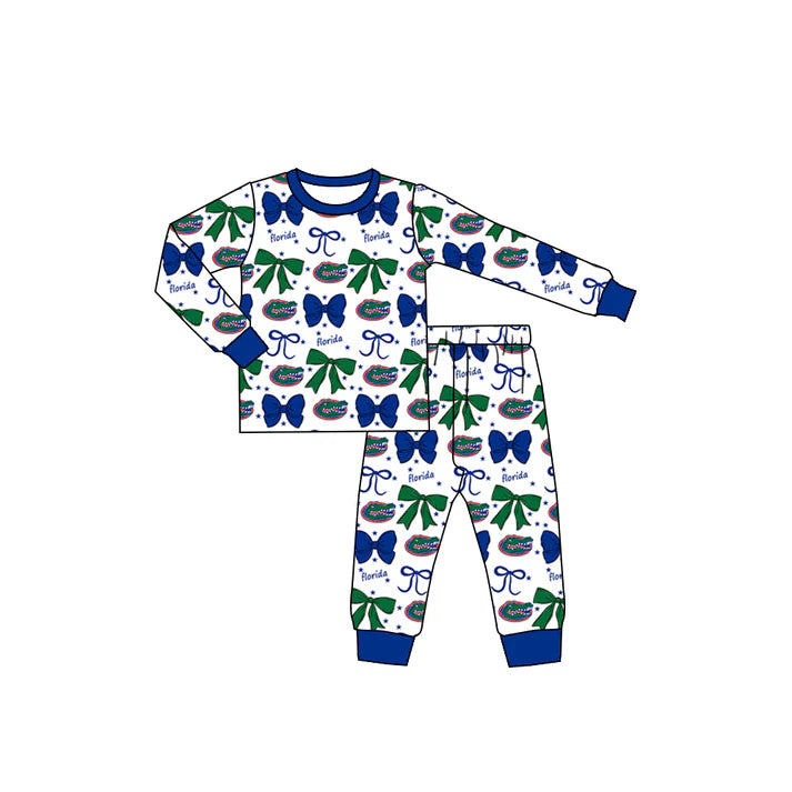 Preorder (moq 5)Baby Girls Blue Florida Team Bows Top Pants Pajamas Sets 8.29