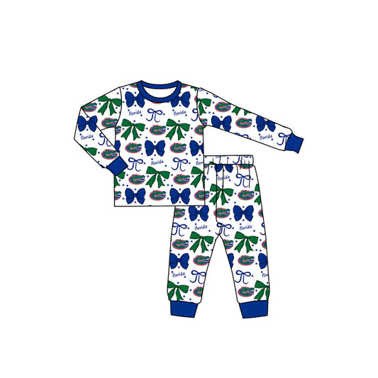 Preorder (moq 5)Baby Girls Blue Florida Team Bows Top Pants Pajamas Sets 8.29