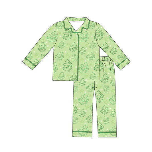 Preorder(moq 8)Baby Boys Green Face Snowflake Button Top Pants Christmas Pajamas Sets 9.25