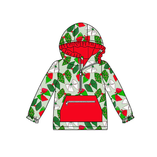 Preorder (moq 5)Baby Girls Long Ruffle Sleeves Green Bows Plaid Pocket Zipper Hoodies Top 7.28