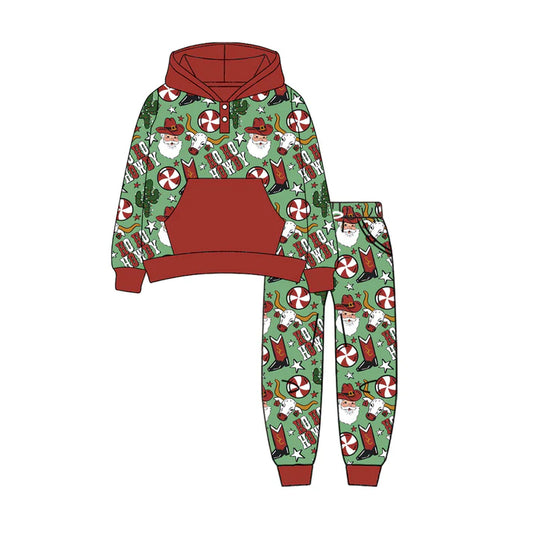 Preorder (moq 5)Baby Boys Long Sleeves Dark Red Cactus Hats Santa Pocket Button Hoodies Legging Pant Sets 6.10