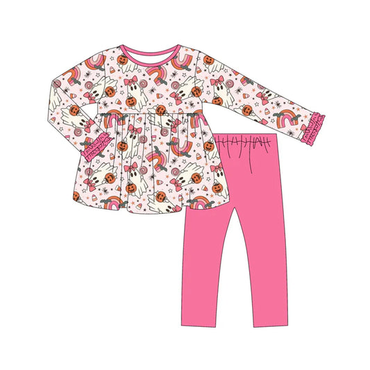 Preorder (moq 5)Baby Girls Long Ruffle Sleeves Pink Ghost Pumpkins Tunic Legging Pant Set 6.18