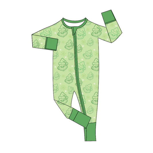 Preorder (moq 8)Baby Boys Green Face Snowflake Christmas Zipper Footie Rompers 9.25