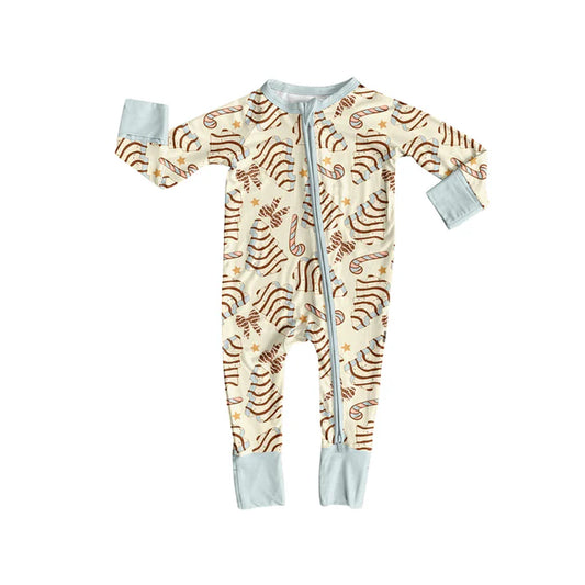 Preorder (moq 5)Baby Girls Long Sleeves Yellow Trees Bows Candy Cane Zipper Romper 7.4