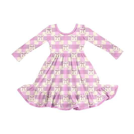 Preorder (moq 5)Baby Girls Pink Checkered Bows Ruffle Knee Length Dresses 8.11
