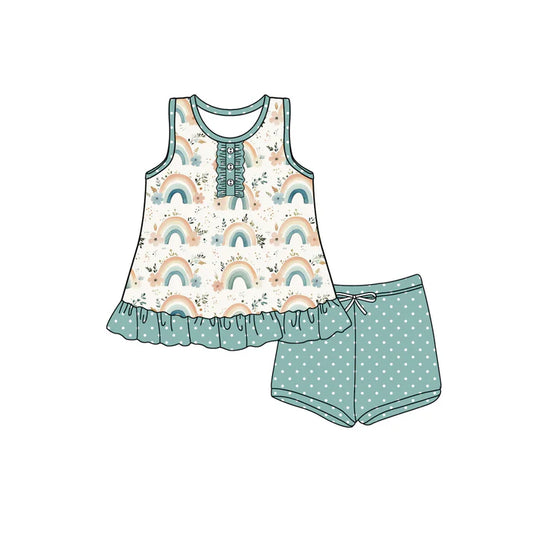 Preorder moq 5 Baby Girls Sleeveless Button Rainbows Flowers Tunic Green Polka Dots Ruffle Short Set 4.19