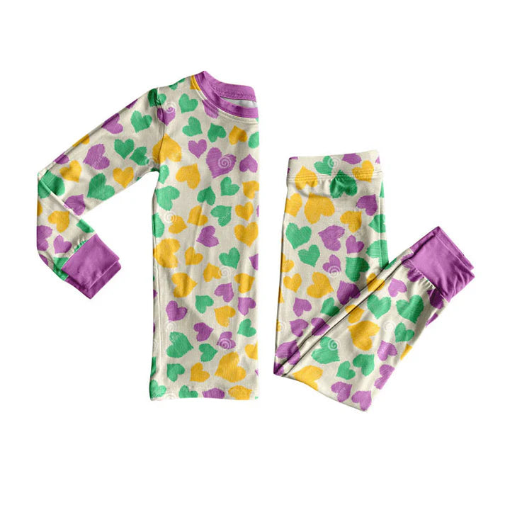 Preorder(moq 8)Baby Girls Mardigras Hearts Top Pant Pajamas Sets 9.25