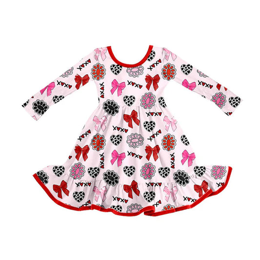 Preorder (moq 5)Baby Girls Bows Turquoises XOXO Hearts Valentine Ruffle Knee Length Dress 9.3