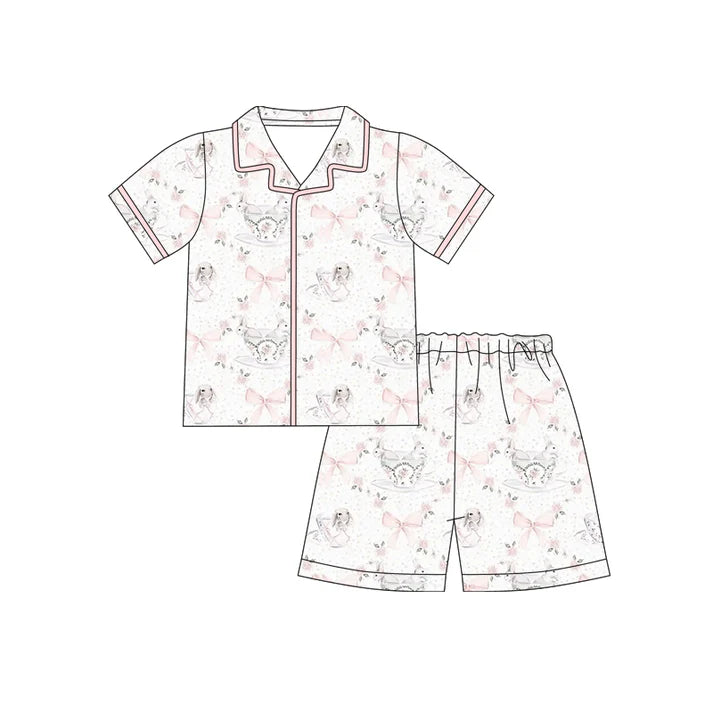 Preorder (moq 5)Baby Girls Pink Bows Rabbits Checked Button Top Shorts Easter Pajamas Sets 12.12