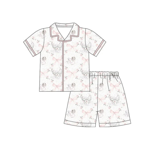 Preorder (moq 5)Baby Girls Pink Bows Rabbits Checked Button Top Shorts Easter Pajamas Sets 12.12