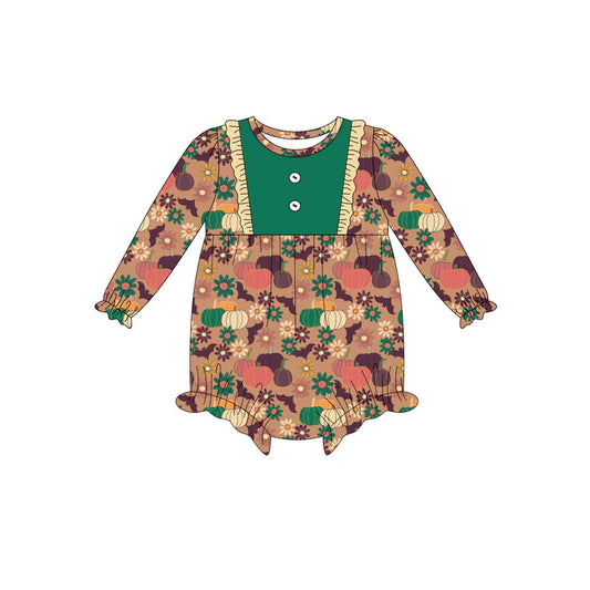 Preorder (moq 5)Baby Girls Long Sleeves Pumpkins Flowers Bats Button Ruffle Romper 7.4