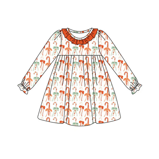 Preorder (moq 5)Baby Girls Long Ruffle Sleeves Orange Bows Candy Cane Stripe Knee Length Dresses 6.12