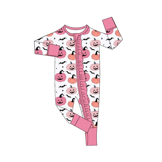 Preorder (moq 5)Baby Girls Long Sleeves Ghost Pumpkins Bats Plaid Ruffle Zipper Romper 7.4