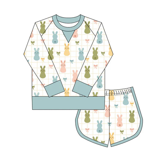 Preorder(moq 8)Baby Girls Colorful Rabbits Bows Checked Long Sleeve Top Shorts Easter Clothes Set 9.27