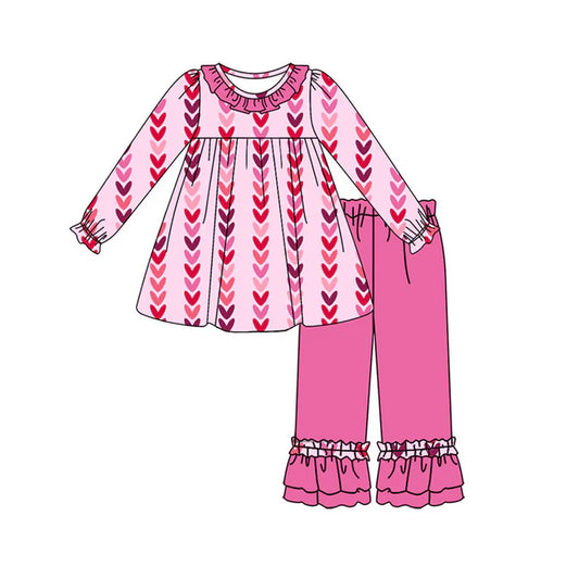 Preorder (moq 8)Baby Girls Long Sleeve Hearts Stripe Tunic Ruffle Pants Valentine Clothes Sets 9.19