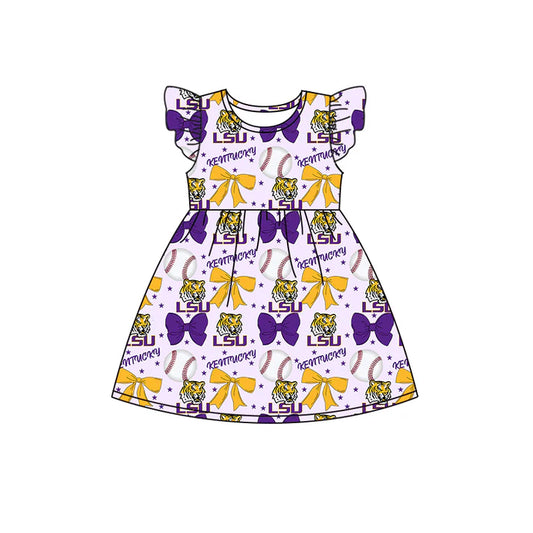 Preorder (moq 5)Baby Girls Flutter Sleeves Baseballs Bows LSU Tiger Team Knee Length Dresses 6.16