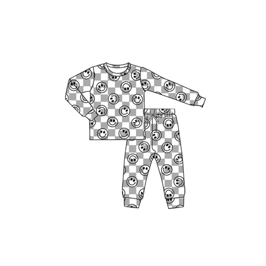 preorder(moq 5) Baby Boys Long Sleeves Gray Smiles Plaid Top Pants Pajamas Set 7.24