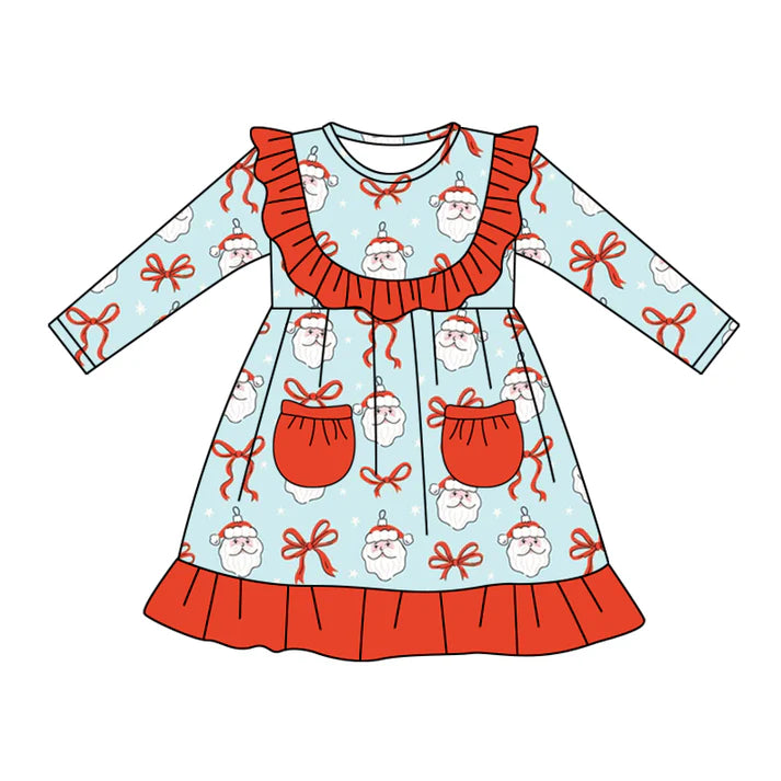 Preorder (moq 5)Baby Girls Blue Long Sleeves Bows Santa Pockets Ruffle Knee Length Dresses 5.20
