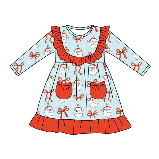 Preorder (moq 5)Baby Girls Blue Long Sleeves Bows Santa Pockets Ruffle Knee Length Dresses 5.20