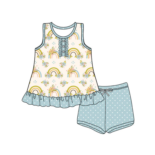 Preorder (moq 5)Baby Girls Sleeveless Button Rainbows Floral Tunic Blue Polka Dots Short Set 4.24