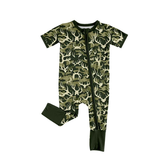 Preorder (moq 5)Baby Boys Short Sleeves Olive Deer Camo Zipper Rompers 5.17