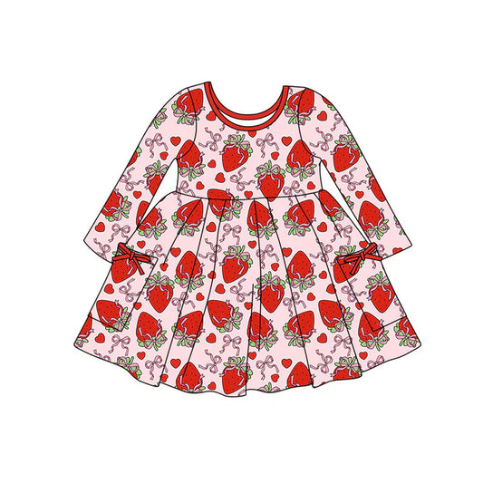 Preorder(moq 5) Baby Girls Bows Strawberry Pockets Valentine Knee Length Dresses 11.4