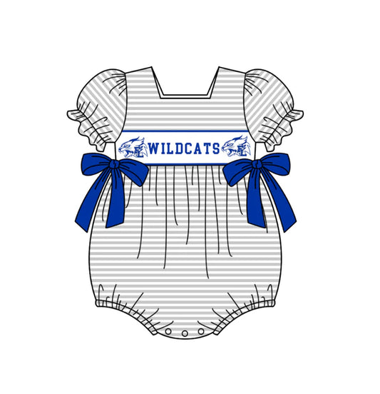 Preorder (moq 5)Baby Girls Wildcats Bows Stripe Team Ruffle Rompers 12.5