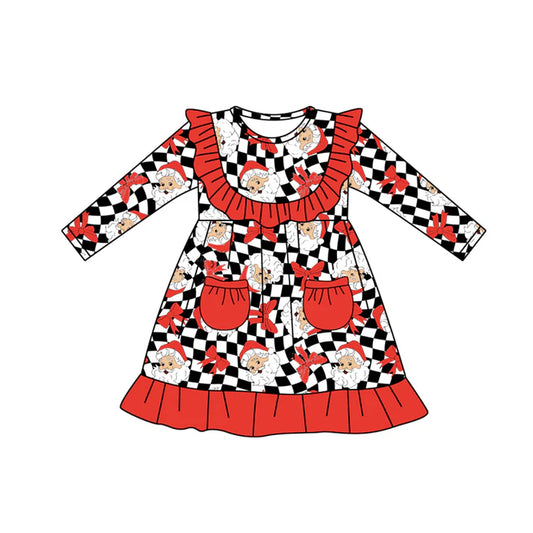 Preorder moq 5 Baby Girls Long Sleeves Black Plaid Santa Pockets Knee Length Dresses 5.8