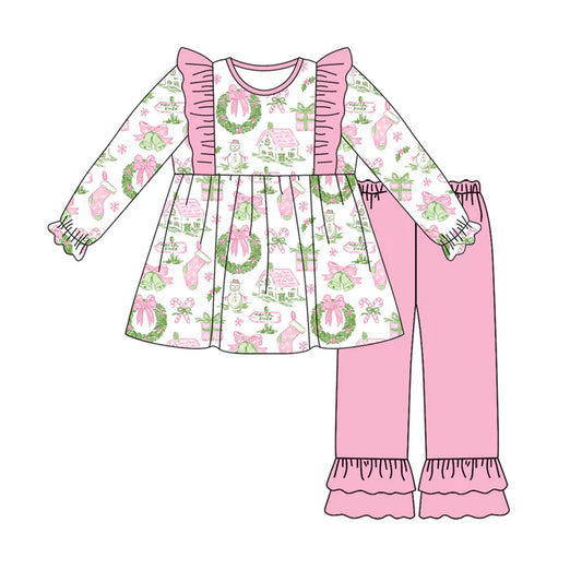 Preorder (moq 5)Baby Girls Long Sleeves Holly Bows Snowman Plaid Tunic Ruffle Pants Set 7.29