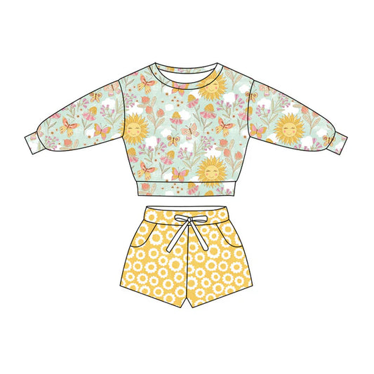 Preorder(moq 5) Baby Girls Butterfly Sunflowers Long Sleeve Pockets Shorts Clothes Sets 10.27