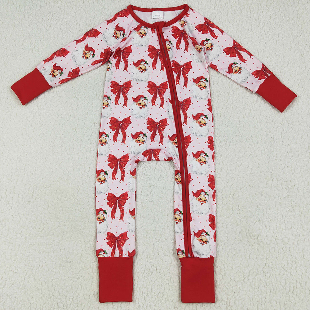 Baby Girls Rompers Christmas Red Santa Bows Footie Zipper Rompers LR2223 6.24