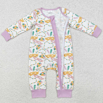 Baby Infant Girls Rompers Mardi Gras Masks Lavender Zip Rompers LR2097