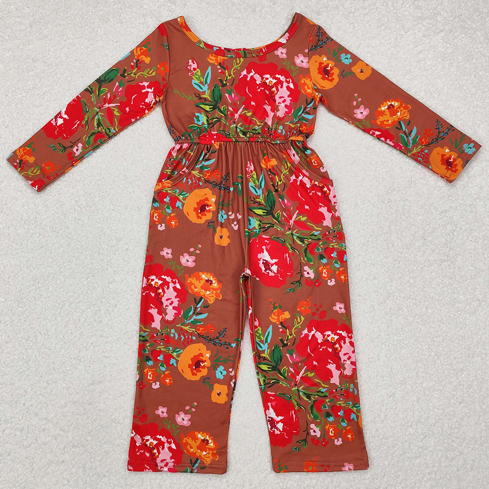 Baby Girls Jumpsuits Brown Red Flowers Long Sleeve Fall Jumpsuits LR1834