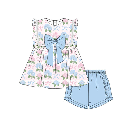 Preorder moq 5 Baby Girls Sleeveless Blue Pink Flowers Bows Tunic Ruffle Short Set 4.19