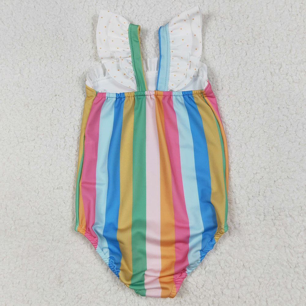 Baby Girls Swimsuits Flutter Sleeves Colorful Stripe One Piece Swimsuits S0550 6.25