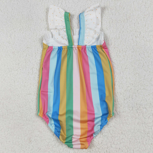 Baby Girls Swimsuits Flutter Sleeves Colorful Stripe One Piece Swimsuits S0550 6.25